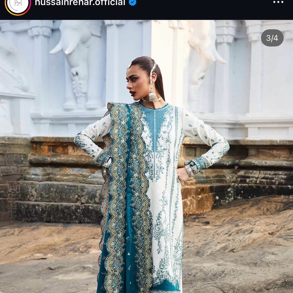 Elegant Teal & Cream Long Sleeve Embroidered Dress